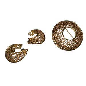 MCM Signed Trifari Gold-Tone Textured Earrings & Brooch Set With Elegant Filigre